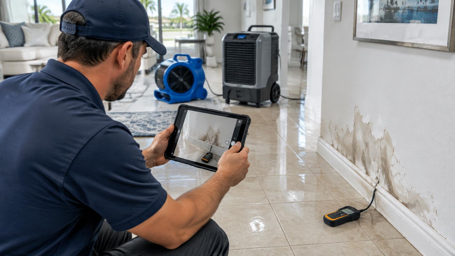 Restoration technician documents water damage and moisture conditions inside an Orlando home before repairs begin