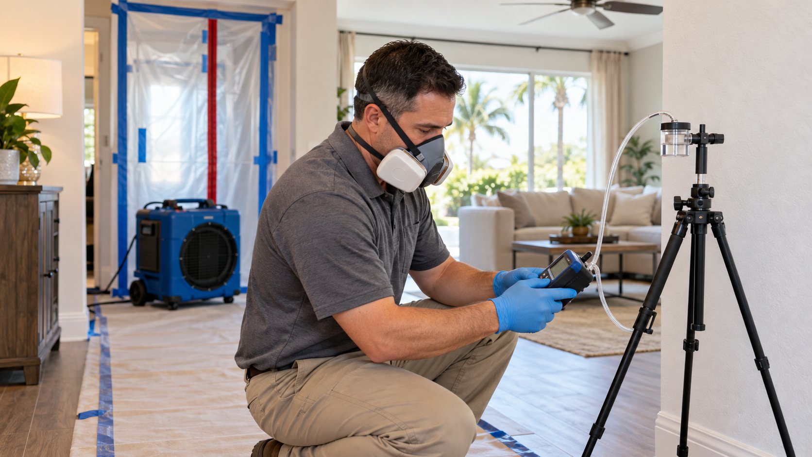 Inspector performs post-remediation air sampling in a clean Orlando home after mold removal.