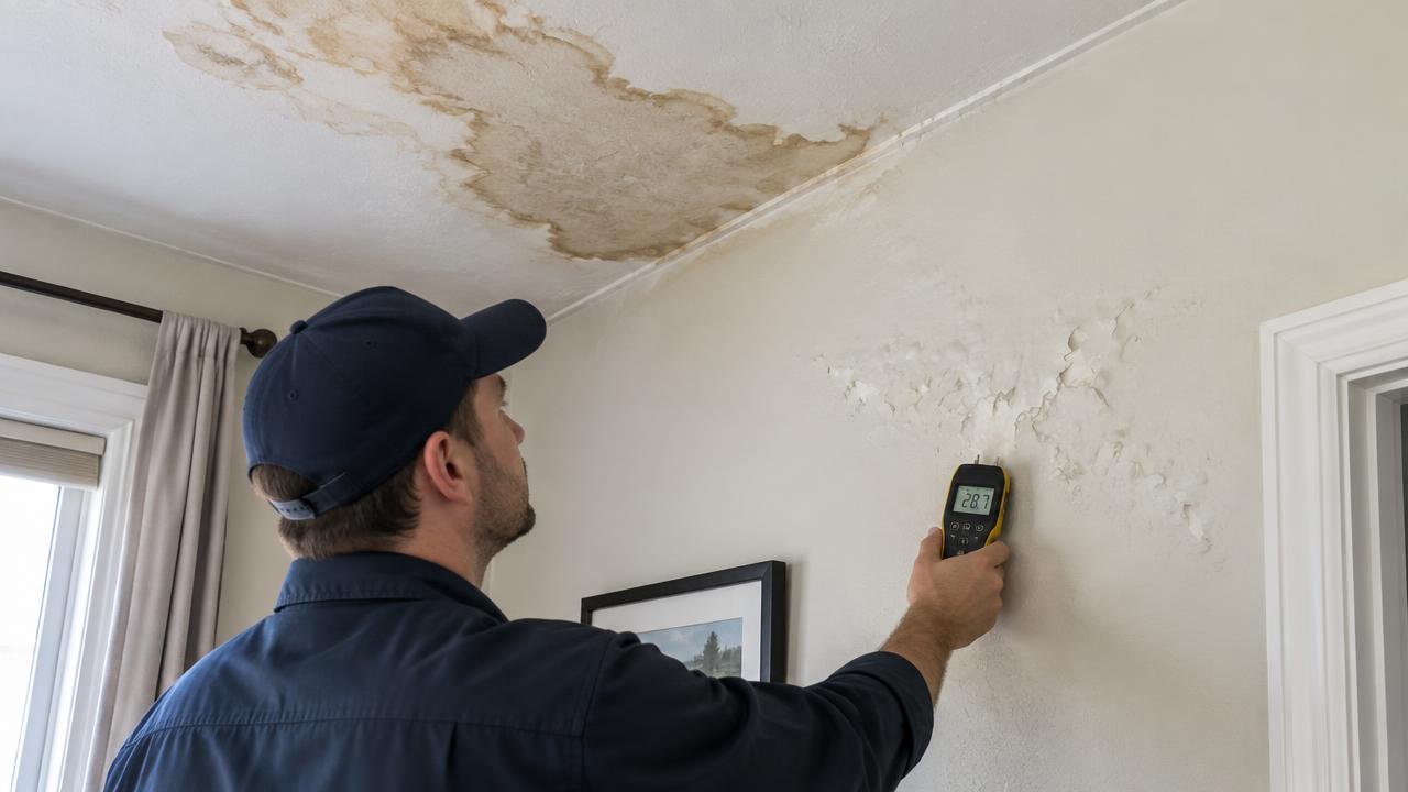 Technician using a moisture meter on a water-stained wall and ceiling