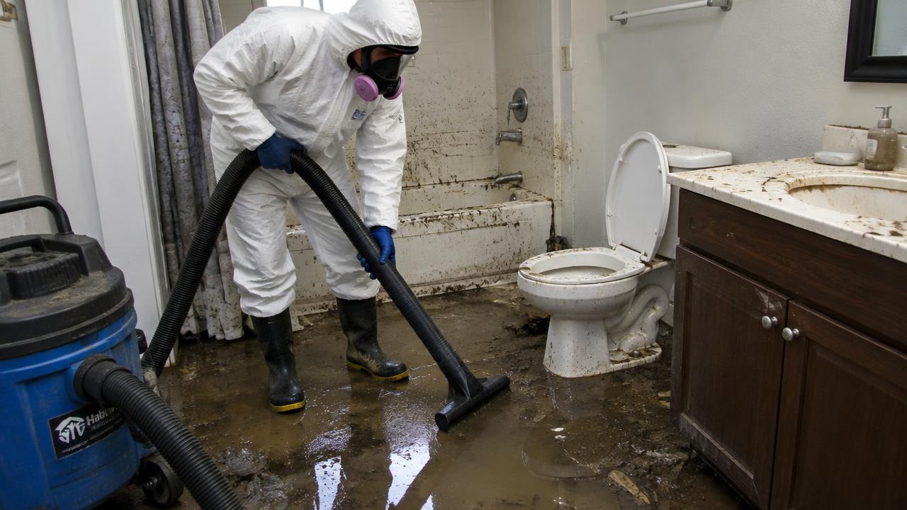 Technician in protective suit cleaning a bathroom after a sewage backup