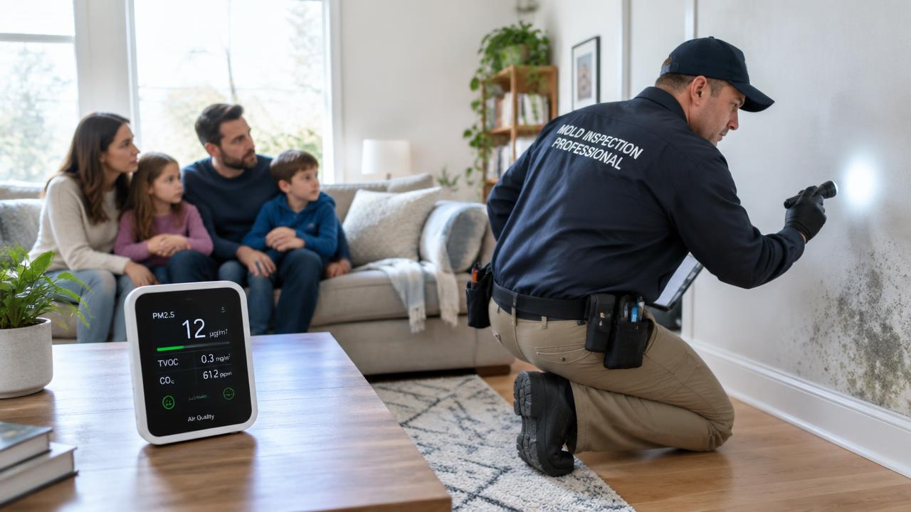 Mold inspector checking a living room wall while a family watches