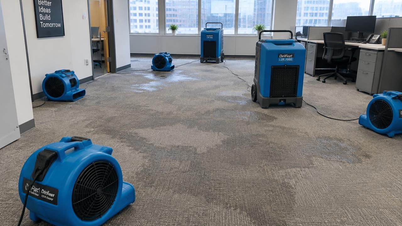 Commercial air movers and dehumidifiers drying an office carpet