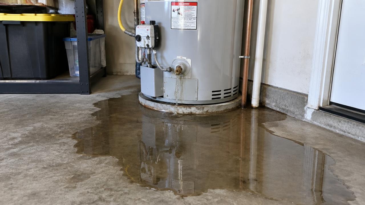 Leaking water heater with a puddle spreading across a garage floor