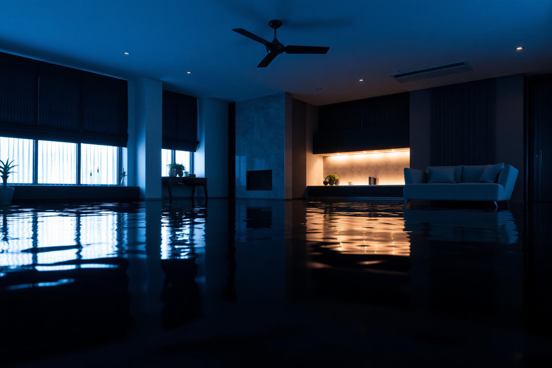 Flooded living room water damage